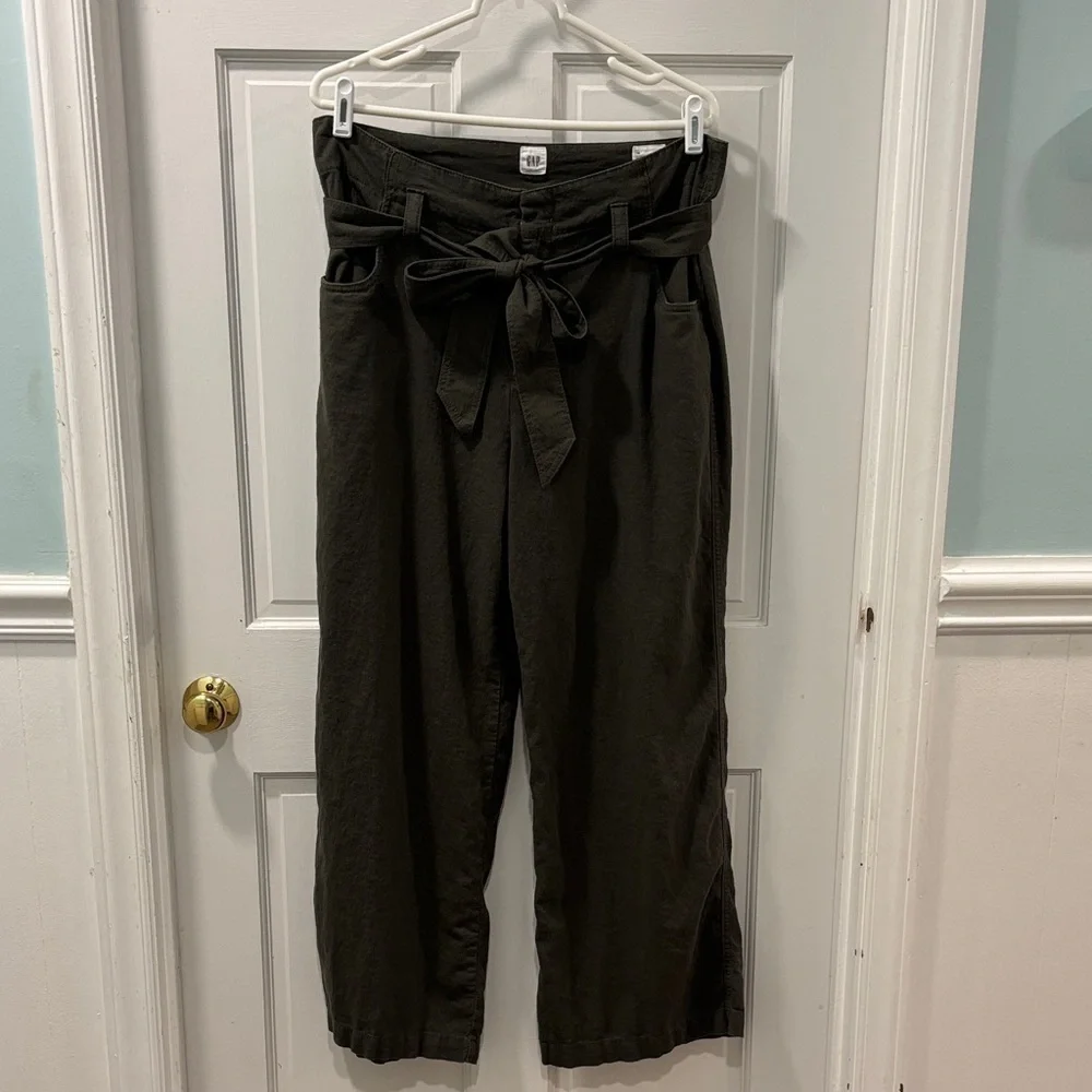 GAP Paper Bag Waist Wide Leg Linen Pants Olive Green Size 14 Minimalist Preppy